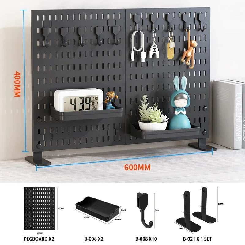 Desktop pegboard storage kit: Stand-up clip - on panels, perfect for home office and study storage.