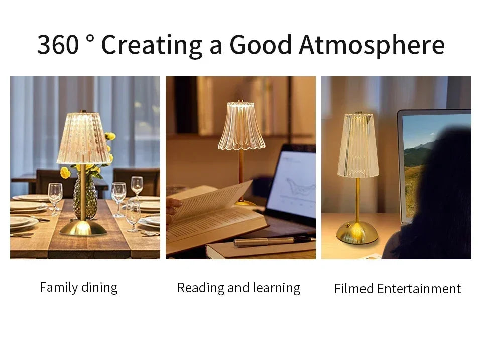 Crystal LED Table Lamp Touch Sensor Desktop Night Light Rechargeable Reading Lamp for Bedroom Bedside Hotel Bar Decor Dimmable