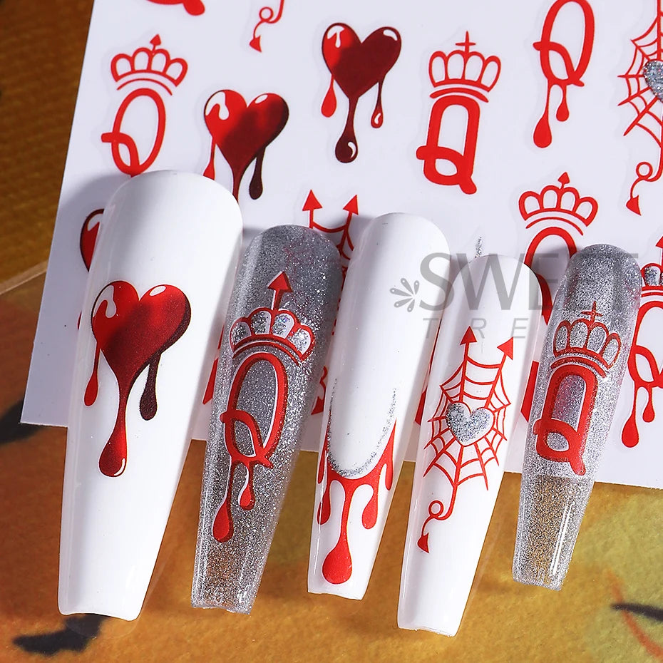 2pcs Gothic Style Halloween Nail Stickers 3D Black Red Heart Spider Web Crown Adhesive Nail Decals Sliders Manicure Decoration