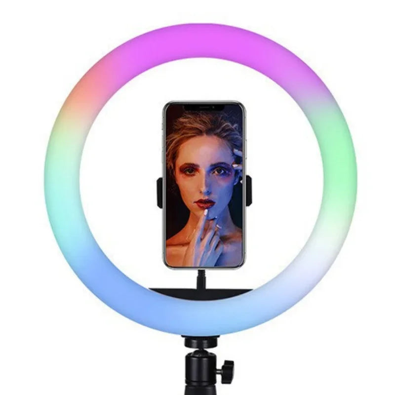 حامل ثلاثي القوائم للهاتف مع إضاءة سيلفي دائرية RGB مقاس 8/10 بوصة، إضاءة دائرية للتصوير الفوتوغرافي، مصباح LED ملون ثلاثي القوائم، إضاءة خلفية للمكياج