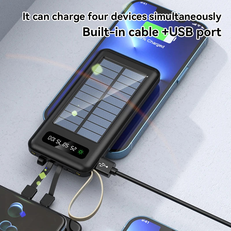 بنك طاقة شمسي بسعة 50000 مللي أمبير، بطارية شحن سريع، كابلان USB 4، شاشة عرض رقمية LED، متوافق مع أجهزة iPhone