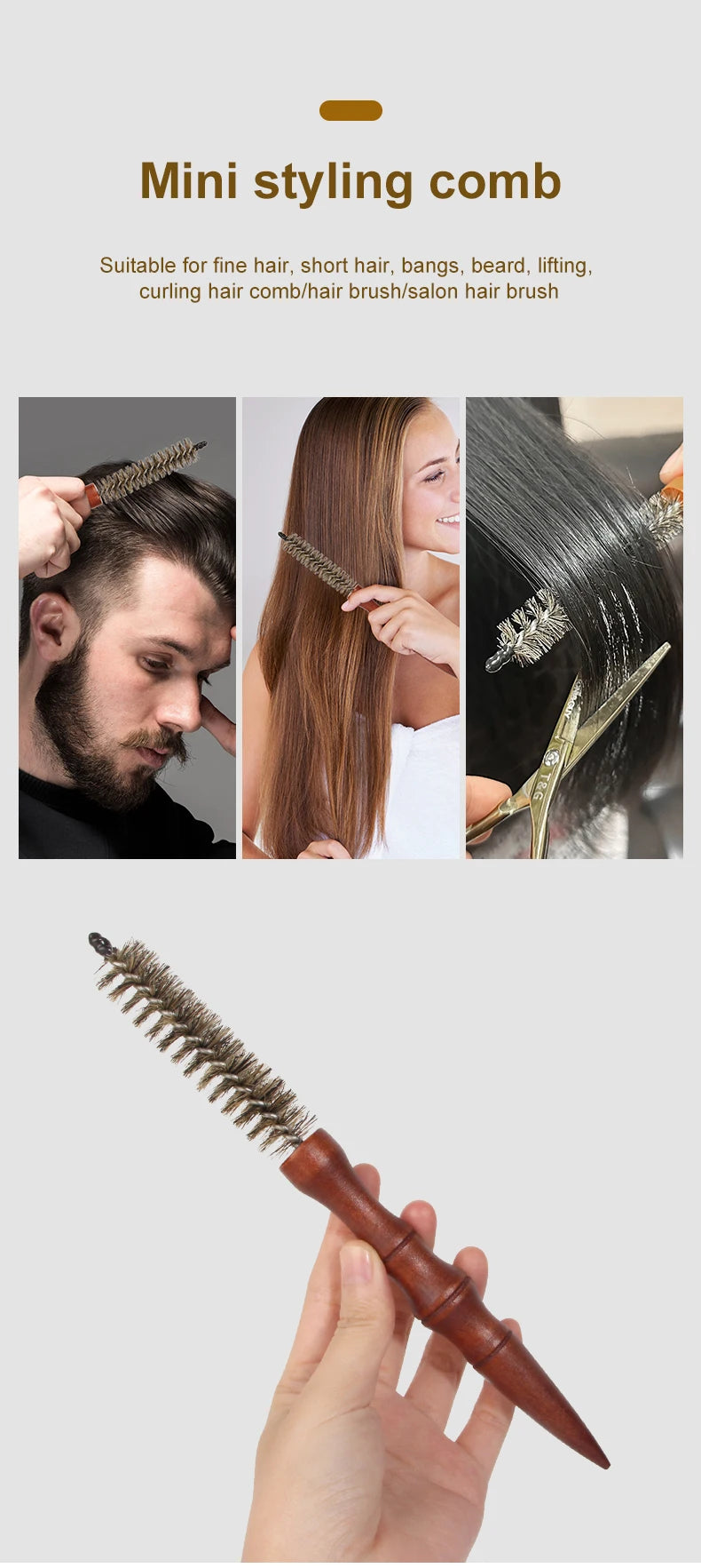 Mini Curling Comb Hair Salon Hairstyle Multi-functional Small Portable Round Wooden Roller Styling Beard Care Tool for All Hair
