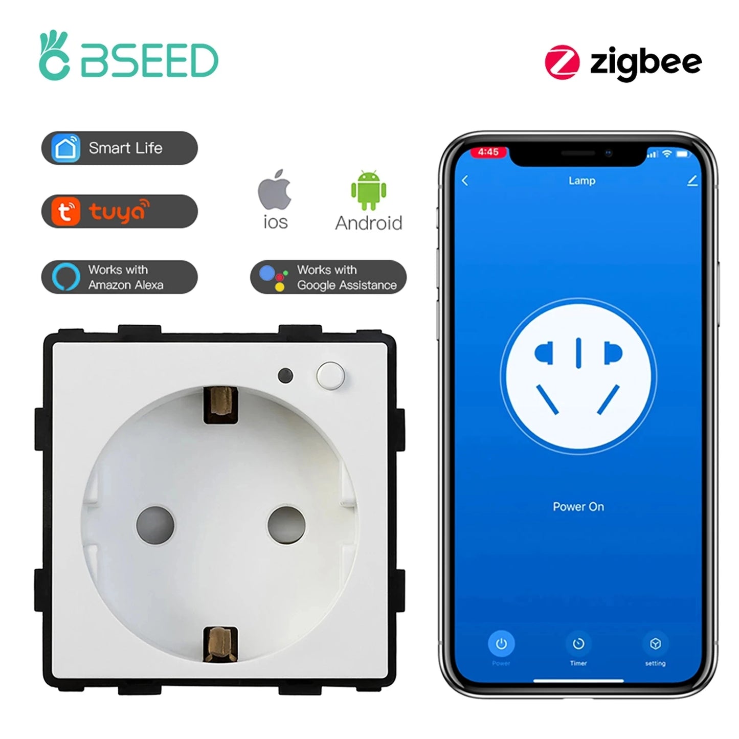 BSEED Zigbee Smart Socket EU Power Monitor Outlet DIY Function Parts Work With Tuya Smart Life Alexa App Indicator Wall Mounted
