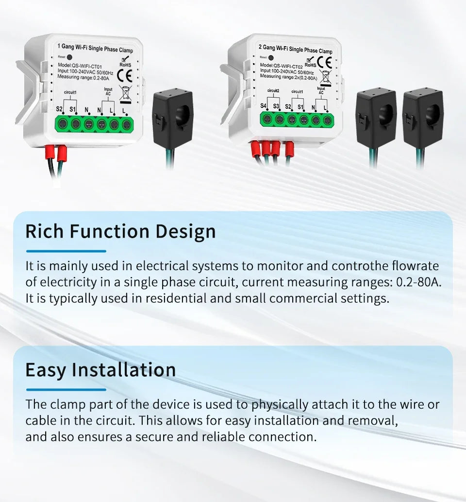 Tuya Smart Energy Monitor WiFi Energy Meter Dual Channel 80A Current Transformer Power Production Consumption Monitor Smart Home