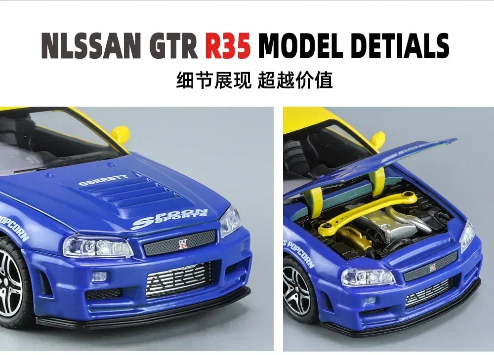 1:32 GTR R34 Skyline Fast & Furious Alloy Car Model Sound and Light Pull Back Children's Toy Collectibles Birthday Gifts