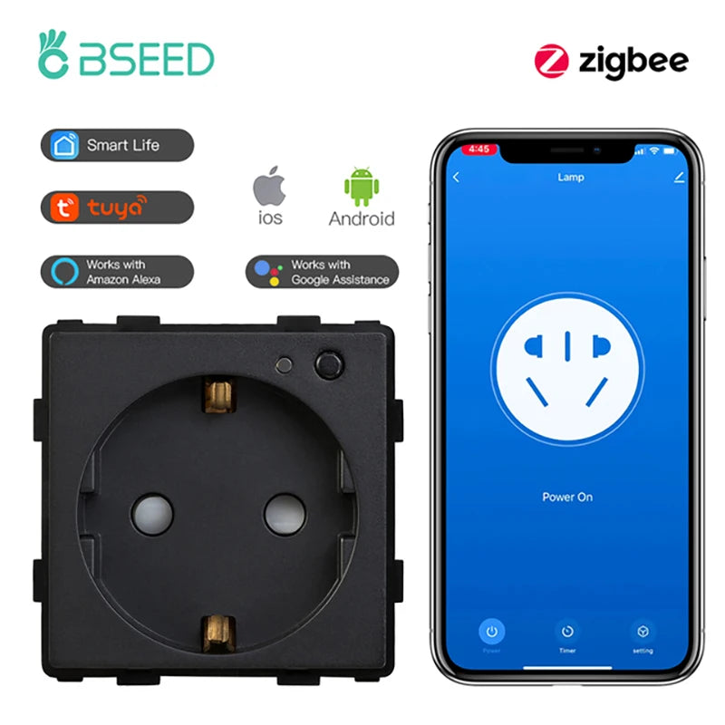 BSEED Zigbee Smart Socket EU Power Monitor Outlet DIY Function Parts Work With Tuya Smart Life Alexa App Indicator Wall Mounted
