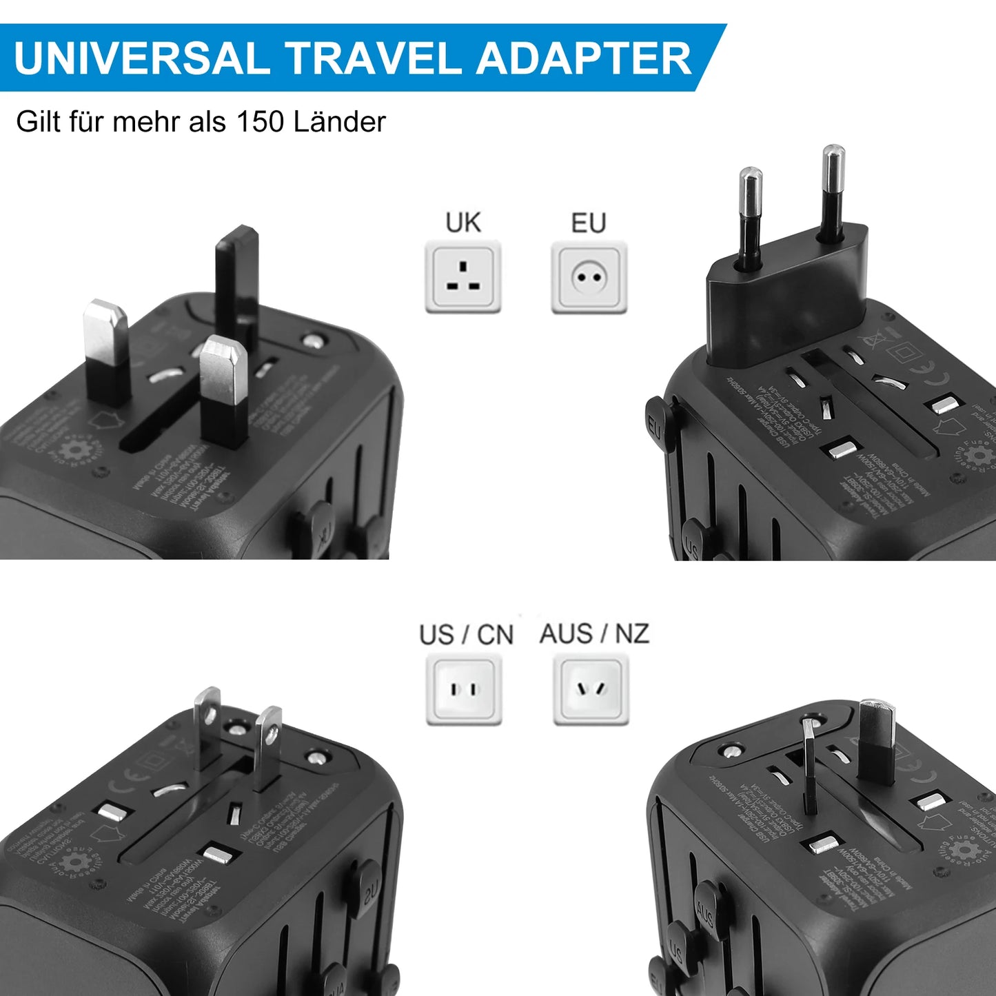 Universal Travel Adapter 3 USB 1 Type-C Port Fast Charging International Plug Adapter For EU UK US Australia Power Charger