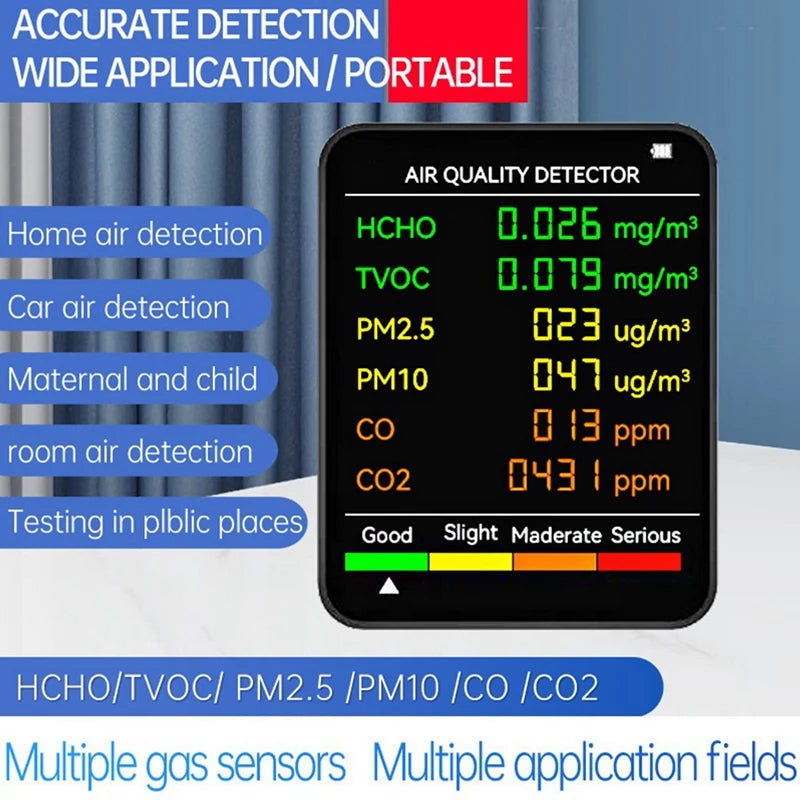 جهاز قياس جودة الهواء 6 في 1: PM2.5، PM10، HCHO، TVOC، CO، CO2، CO2، جهاز مراقبة جودة الهواء، جهاز اختبار جودة الهواء للمنزل والمكتب