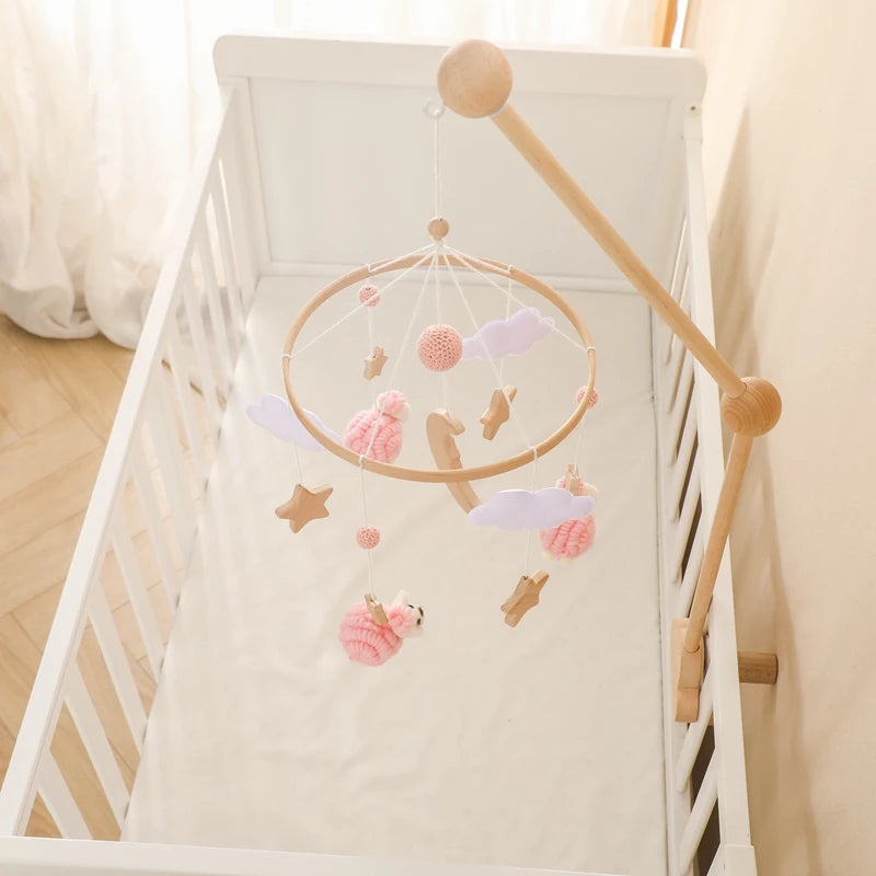 Baby Crib Mobile Rattle Toy Wooden Bed Bell Mobile Hanging Teddy Velvet Bear Doll Toy Newborn Music Box Crib Mobile Bracket Gift