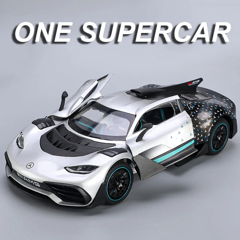 Scale 1:24 ONE Sports Car Model Toy Modified Metal Diecast Free Wheeling Vehicles Simulation Sound & Light Gift for Children