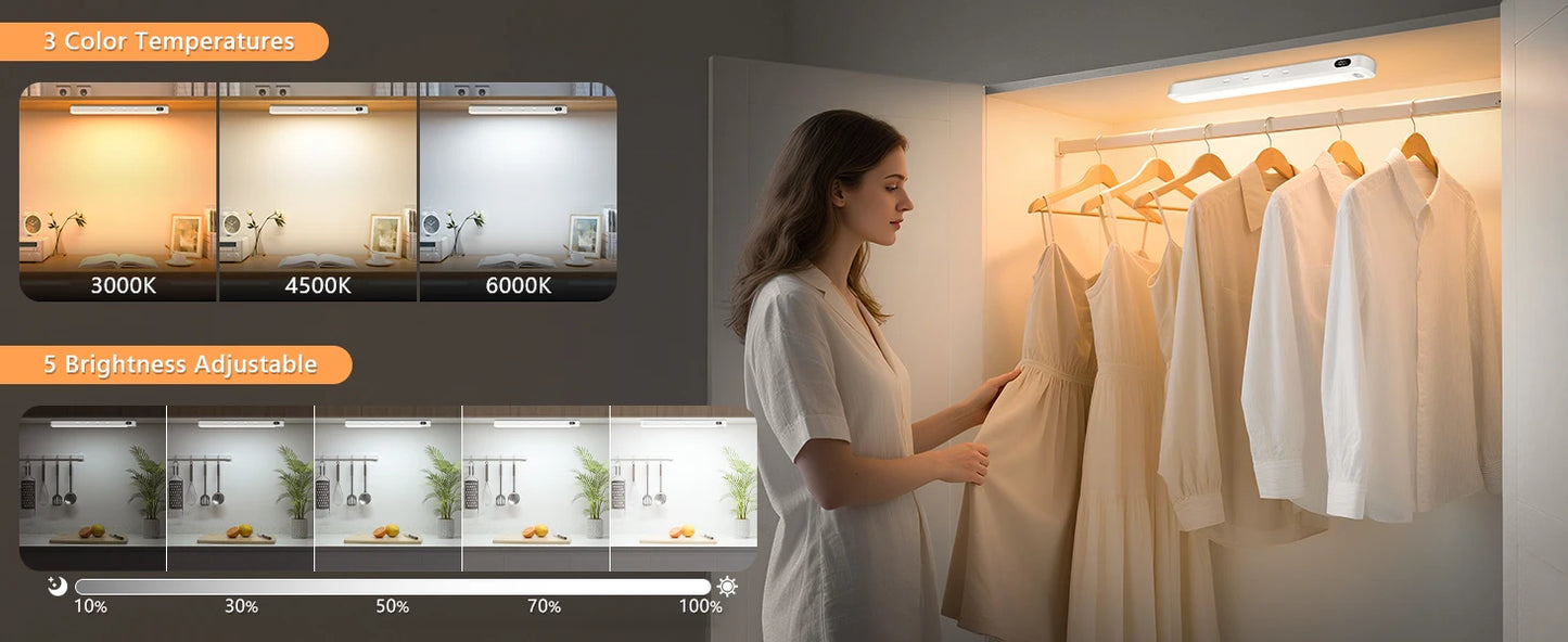WILLED Rechargeable Motion Sensor Cabinet Light Indoor 3 Colors Dimmable Magnetic Light Bar Night Light for Cabinet Closet Desk