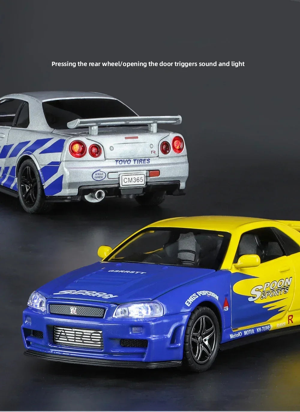 1:32 GTR R34 Skyline Fast & Furious Alloy Car Model Sound and Light Pull Back Children's Toy Collectibles Birthday Gifts