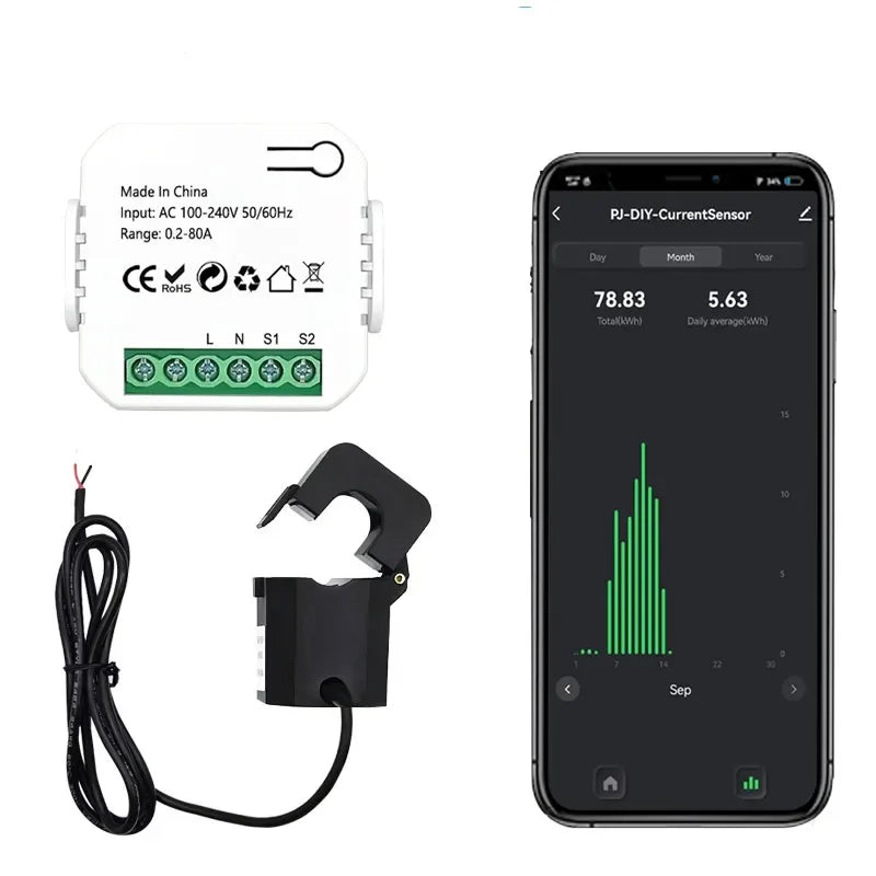 Tuya Smart Life WiFi Energy Meter 80A 1/2 Channel with Clamp App Monitor Solar Export and Import Power AC100V/240V