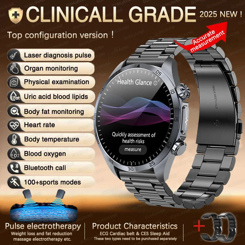 2025 Laser Pulse Uric Acid Blood Fat Nursing Smart Watch Men Body Fat Blood pressure ECG+PPG Sleep aid Treatment Health Watch