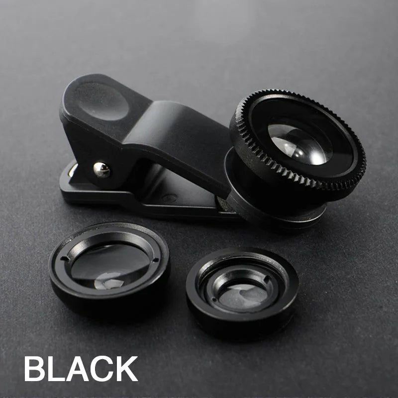 3 in 1 Fisheye Wide Angle Micro Camera Lens for iPhone 0.67X Wide Angle Zoom Fish Eye Len on Smartphone Lenses with Phone Clip