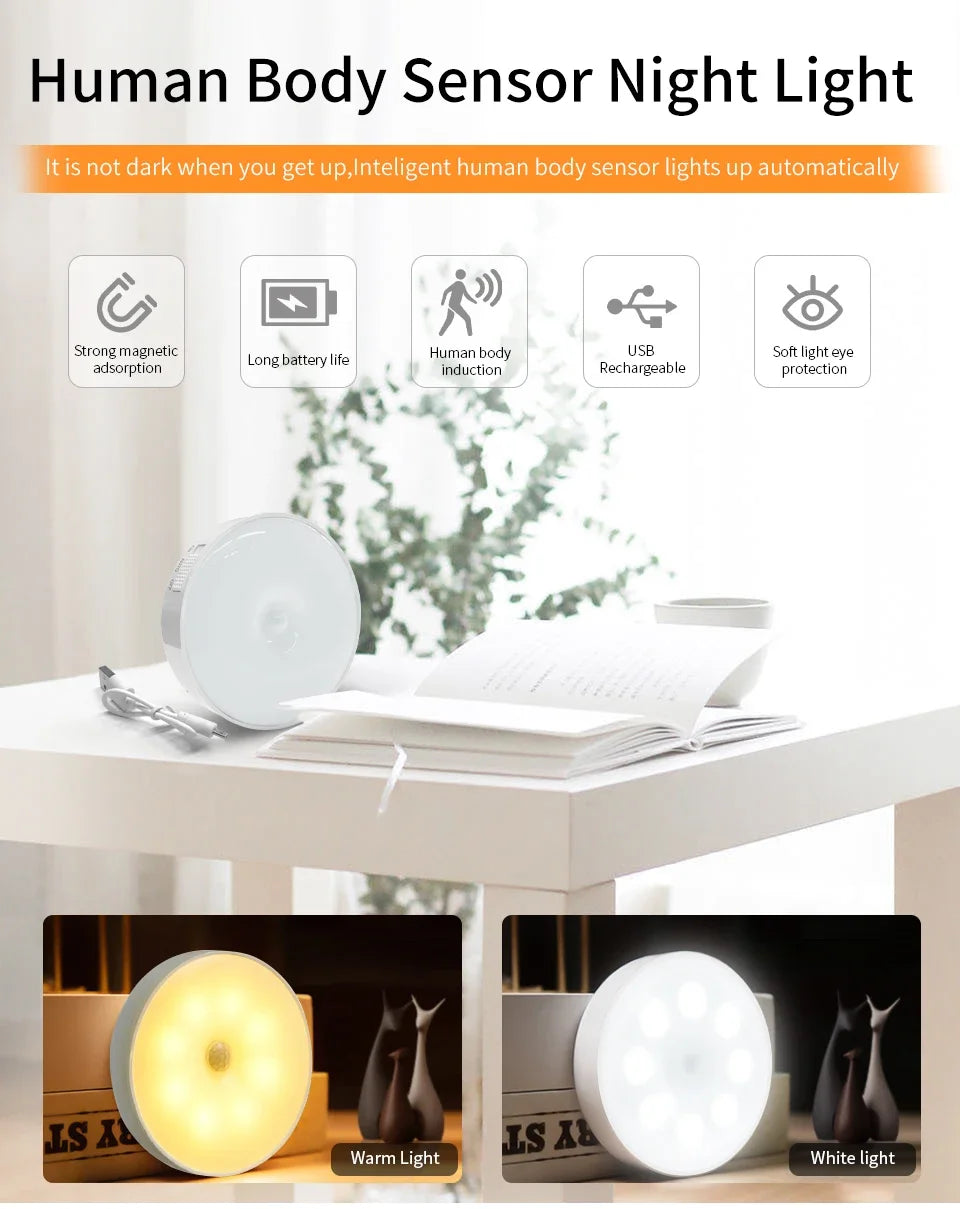 LED Night Light With Switch Smart Motion Sensor Magnetic Wireless Wall Lamp For Bed USB Rechargeable Warm White RGB Night Lamp