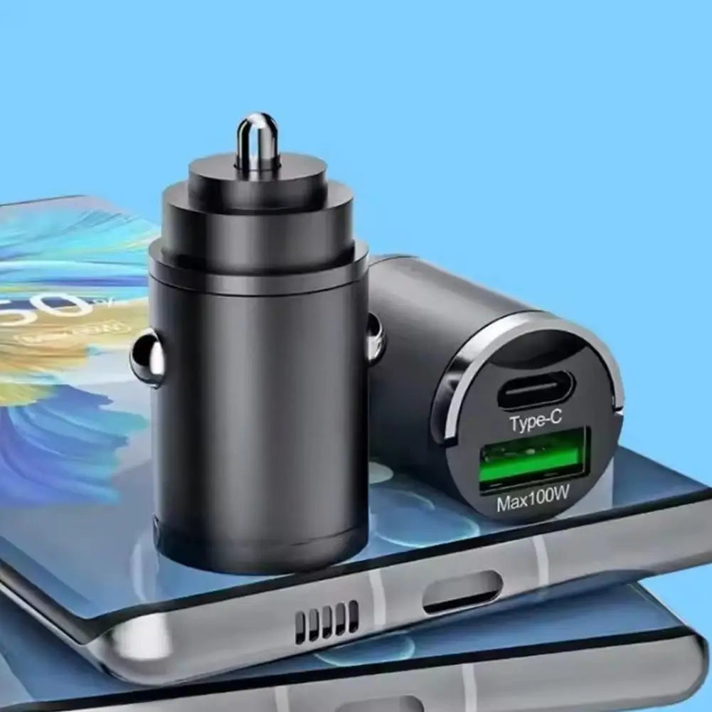 dual-port universal car super fast charger 100W Mini Car Charger USB Type C QC3.0 PD Fast Charging 12-24V Pull Ring Car Adapter