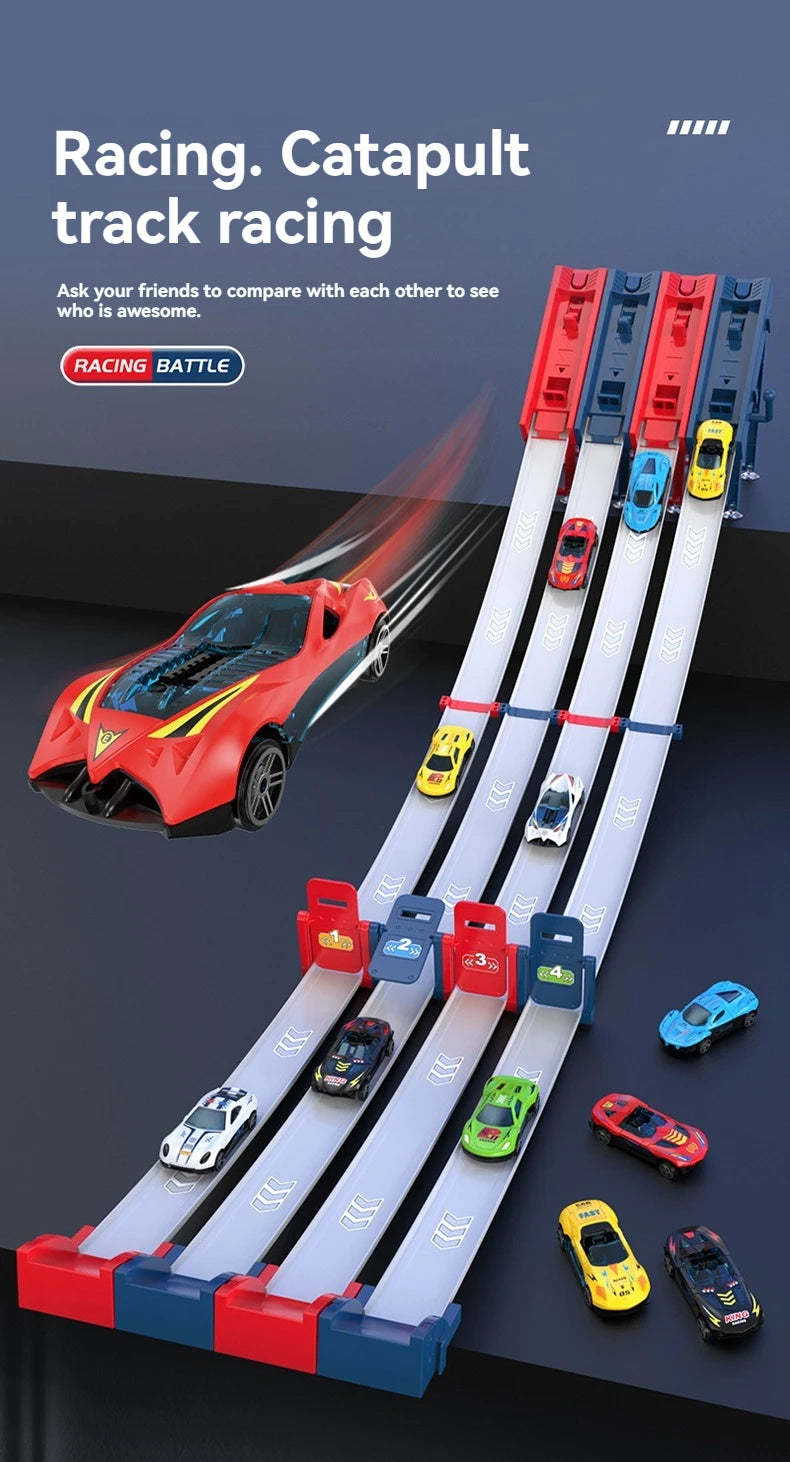 Rail Car Track with Race Track Racing Set Toy Vehicle Alloy Car Kids Catapult Car Competitive Play Game for Kids Toy Christmas