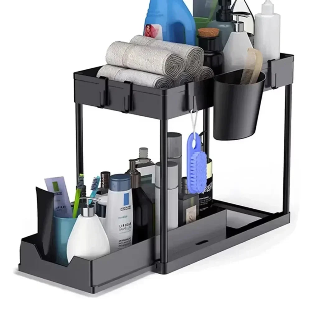 New 2 Tier Under Sink Organizer Sliding Cabinet Basket Organizer Storage Rack with Hooks Hanging Cup Bathroom Kitchen Organizer