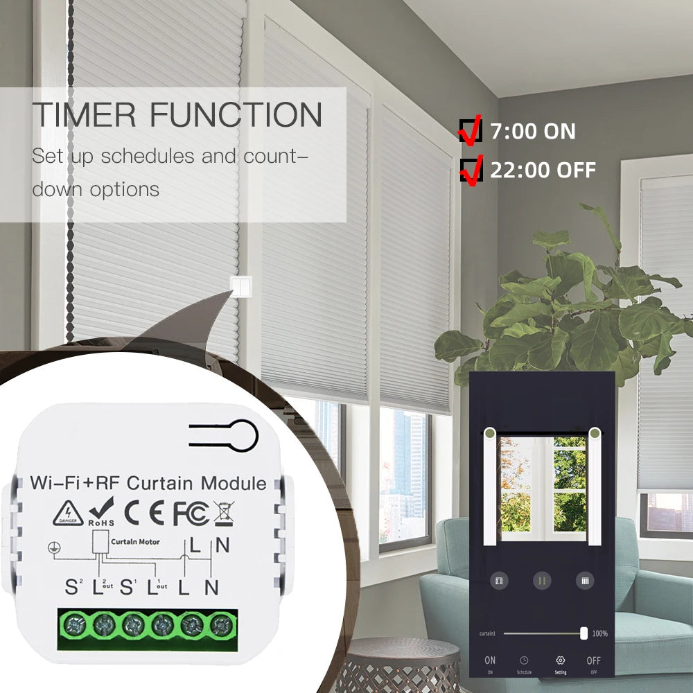 Smart WiFi RF Curtain Switch Module Wireless 433MHz 5 in 1 Remote Controller,110V 220V 240V for Roller Shutter Garage Tuya Alexa
