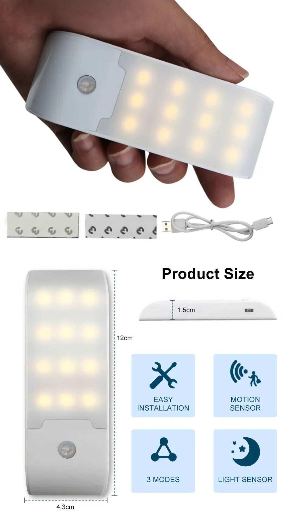 Rechargeable Night Light with Motion Sensor Led Lamp for Corridor Bathroom Closet Kitchen Under Cabinet 12LED High Brightness