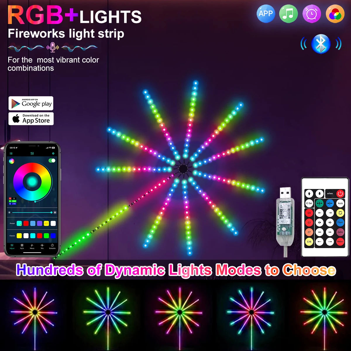 USB LED Smart Fireworks Lights Indoor Outdoor Sparkler Lights Remote & App Control Music Sync Wall Lamp For Room Party DIY Decor