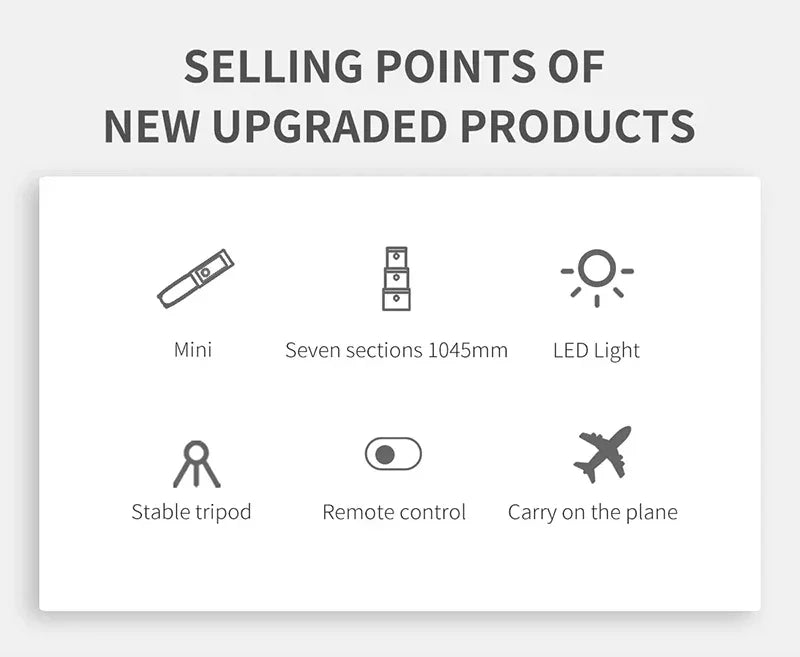 New Selfie Stick 1045mm Wireless Bluetooth Remote Shutter LED Fill Light Extended Stable tripod for Android IOS Cellphone