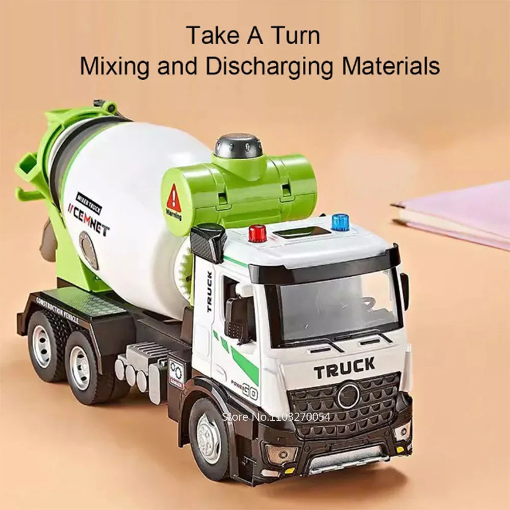 1/24 Electric Mixer Truck Toys Model Car Alloy Diecast Engineering Vehicles Doors Opened Sound Light Pull Back Toy Gift for Kids