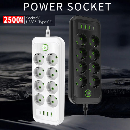 Smart Power Strip EU Plug AC Outlet Multiprise Extension Cord Electrical Socket Network Filter With 3USB Type C PD Fast Charging
