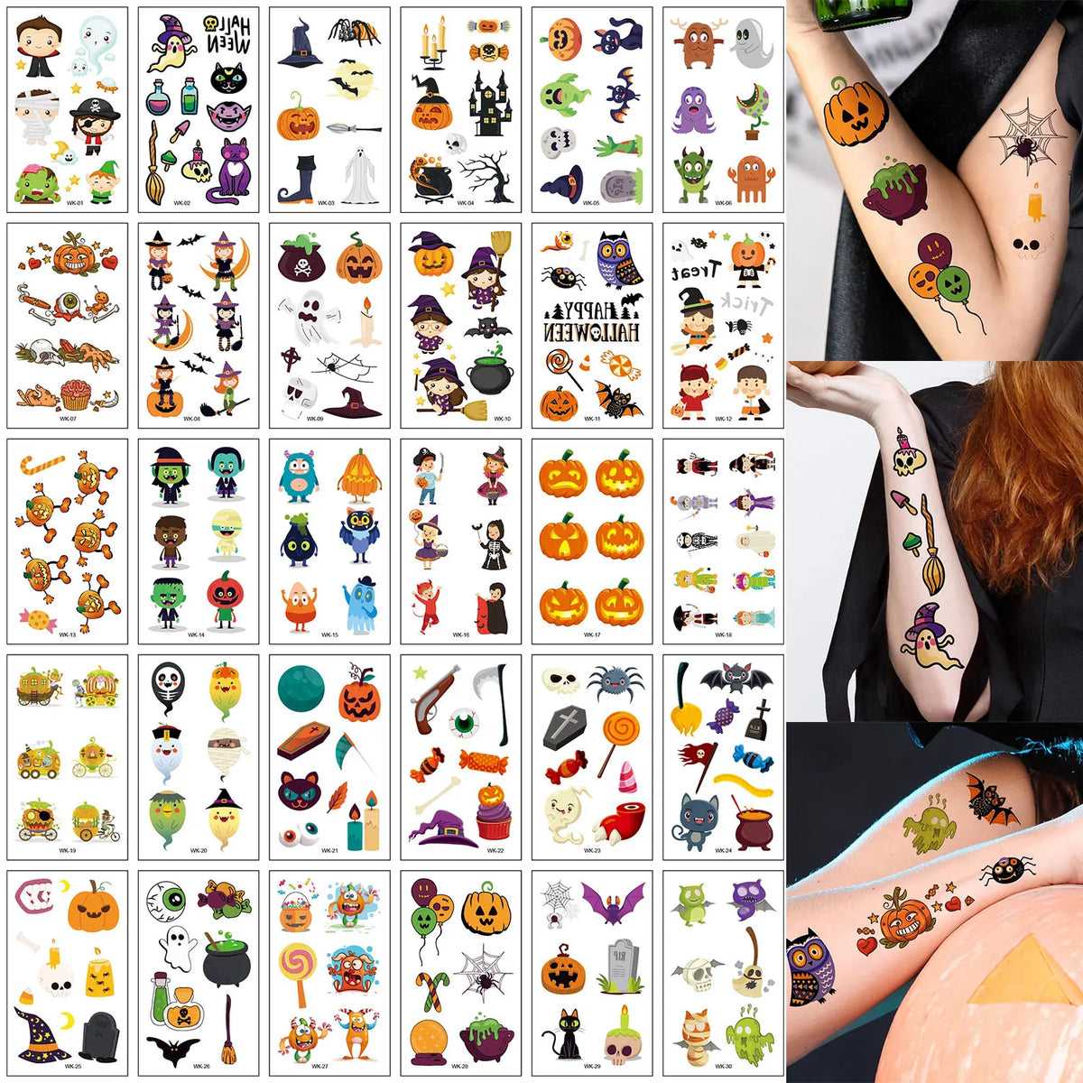 30Pcs Halloween Temporary Tattoos, 220 Cartoon Pumpkin Bat Spider Designs, Waterproof Fake Tattoo Stickers for Halloween Party