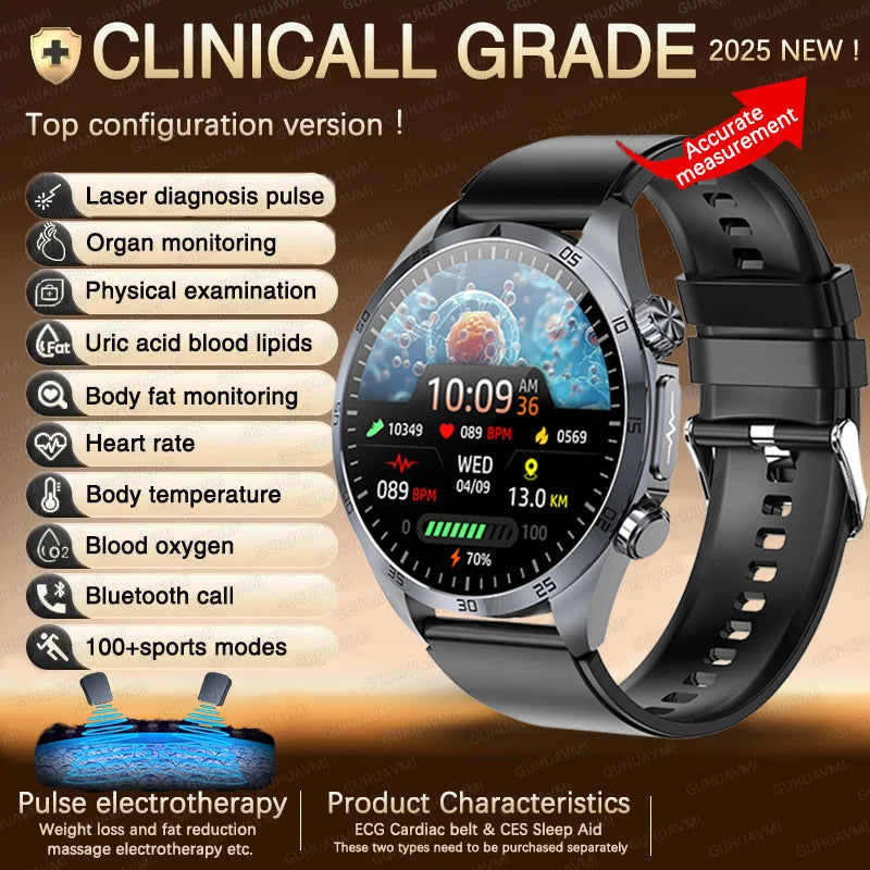 2025 Laser Pulse Uric Acid Blood Fat Nursing Smart Watch Men Body Fat Blood pressure ECG+PPG Sleep aid Treatment Health Watch