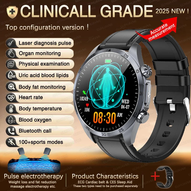 2025 Laser Pulse Uric Acid Blood Fat Nursing Smart Watch Men Body Fat Blood pressure ECG+PPG Sleep aid Treatment Health Watch