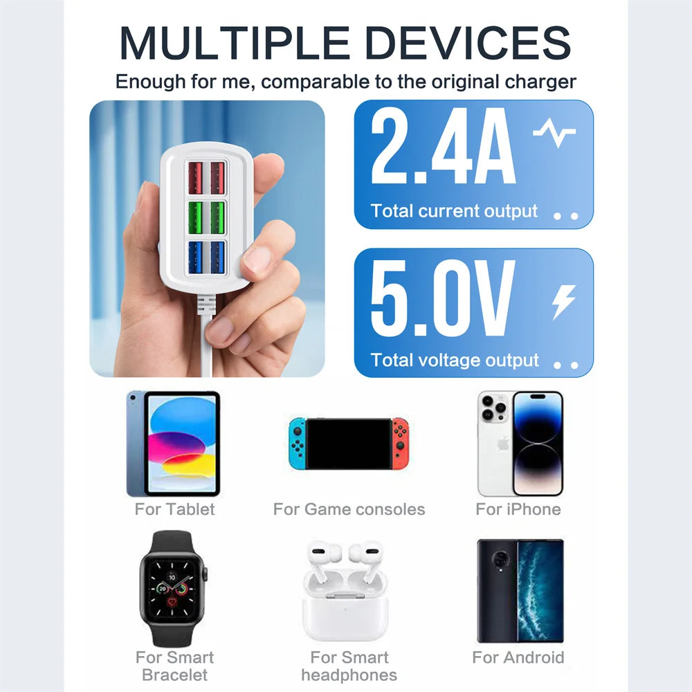 Universal 6 Port USB Charger Power Strip Mobile Phone Charger Wall Adapter Multifunction Electric Socket with 1m Extension Cable
