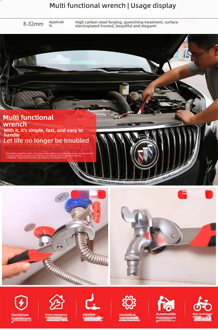Multipurpose Universal Adjustable Wrench - Quick-Adjust Jaw, All-in-One for Pipe Work & Plumbing | Portable Field Work Tool, Dur