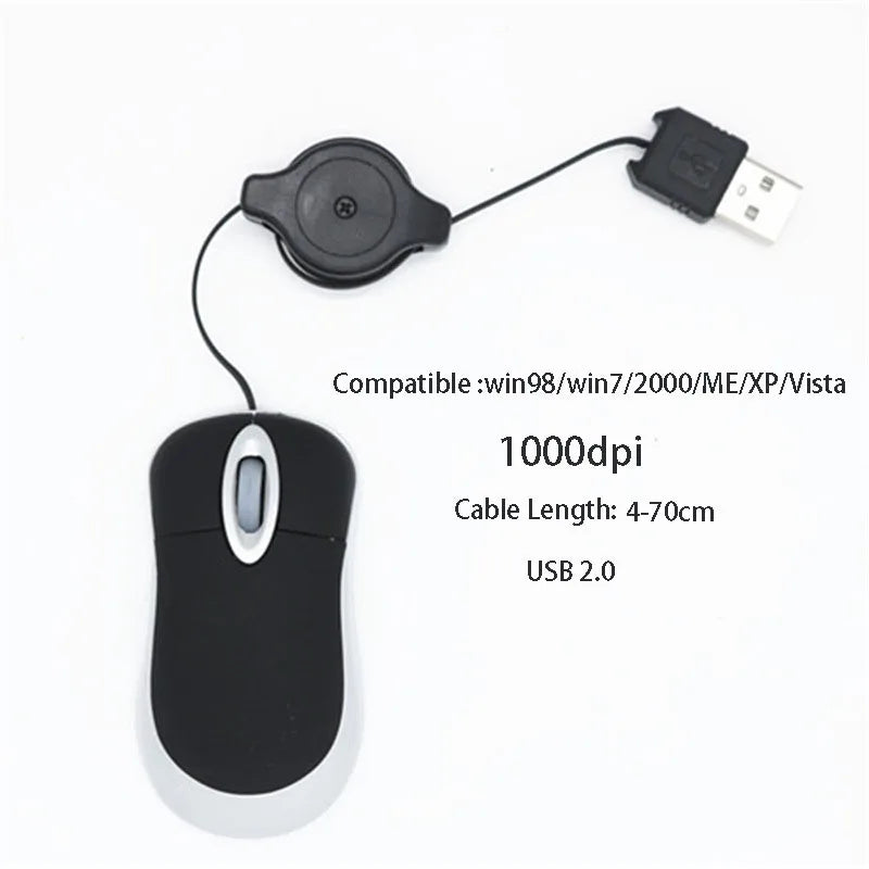 Mini USB Mouse with 4-70cm Extension Cords Optical Mice 1000dpi 3 Buttons for PC Computer Laptop Portable Stretchable USB Mouse