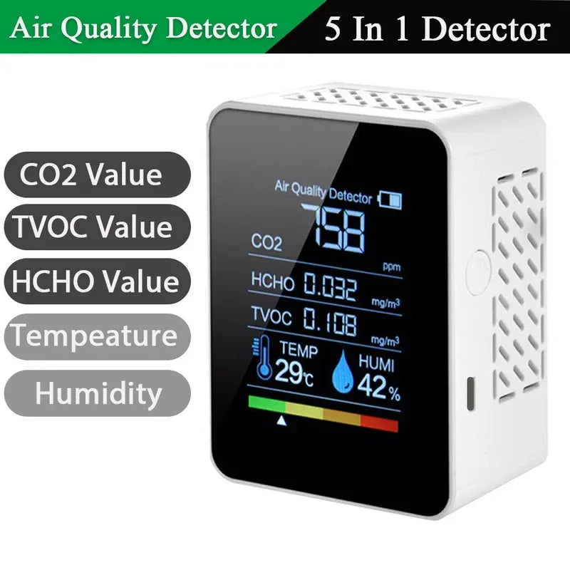 Air quality monitor multifunctional 5in1 CO2 meter digital home temperature humidity tester carbon dioxide HCHO TVOC detector