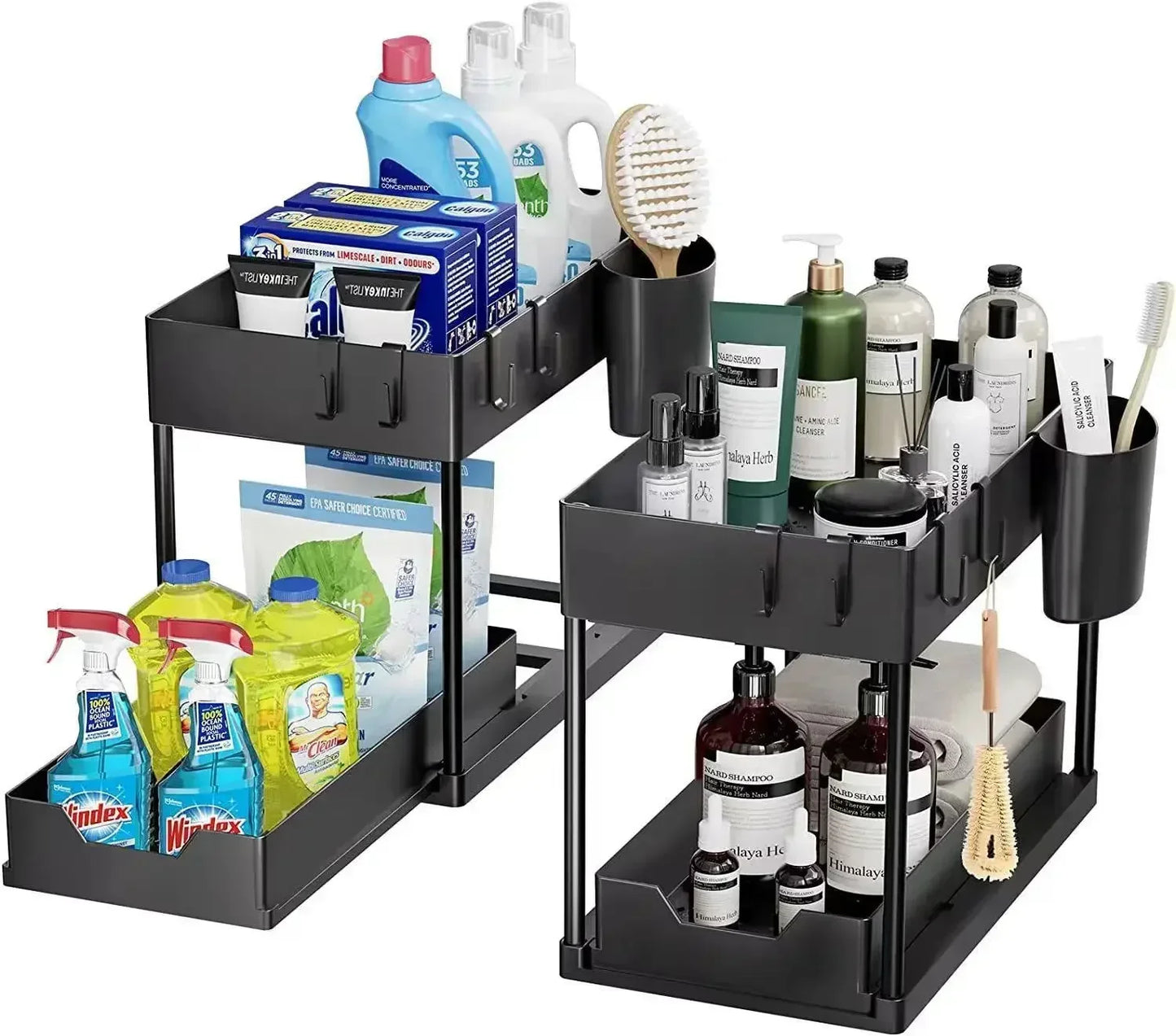 New 2 Tier Under Sink Organizer Sliding Cabinet Basket Organizer Storage Rack with Hooks Hanging Cup Bathroom Kitchen Organizer