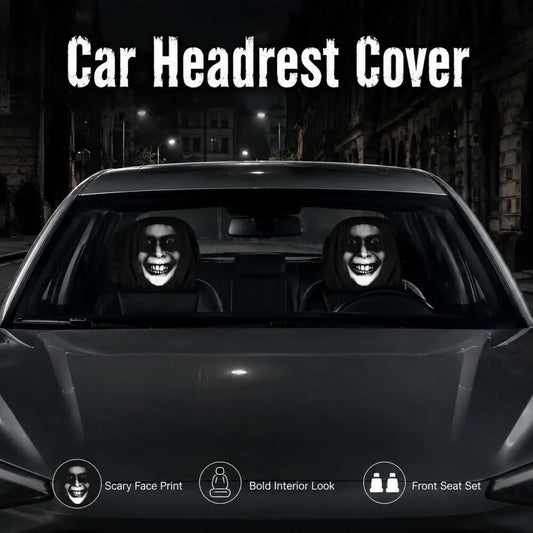 2PCS Scary Smile Face Car Headrest Covers Horror Grinning Print Black Auto Headrest Protector Universal Halloween Decor