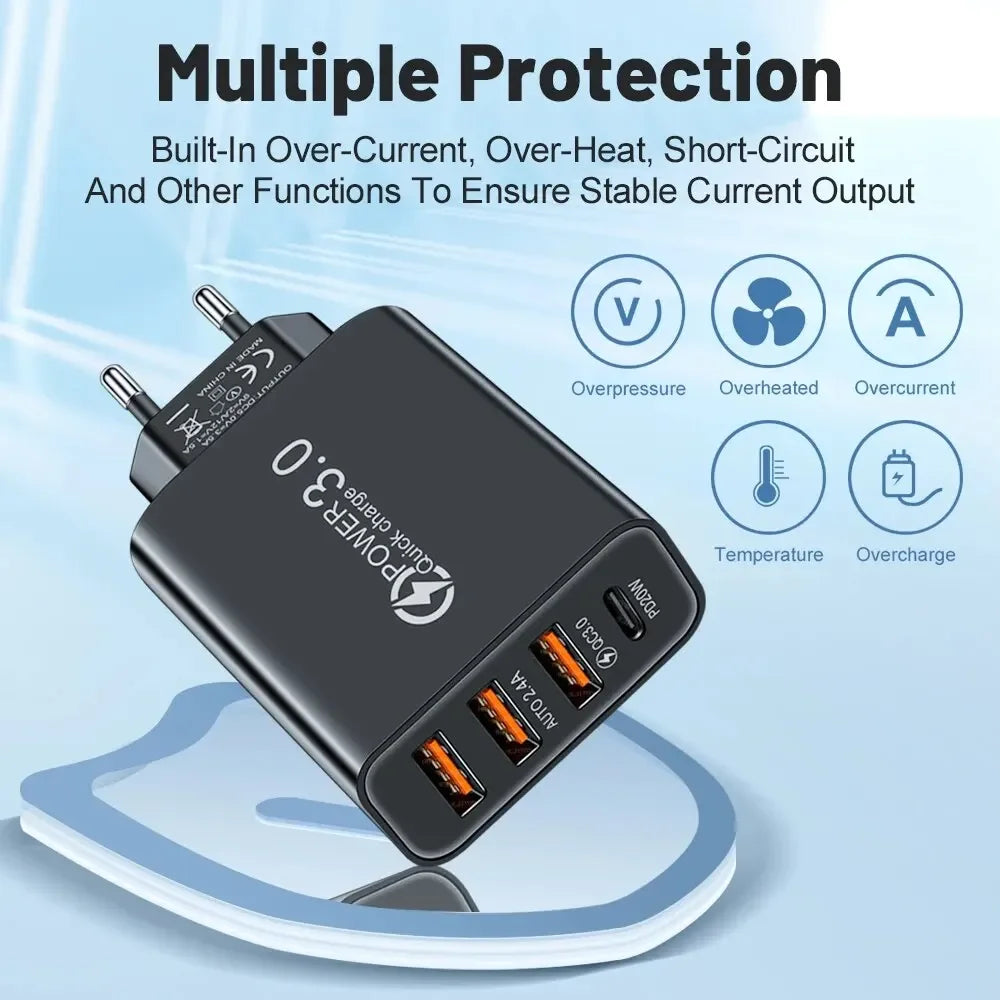 شاحن USB-C متعدد المنافذ بقدرة 60 واط، مزود بـ 4 منافذ، منها 3 منافذ USB PD، يدعم الشحن السريع، وشاحن جداري عالمي للسفر.