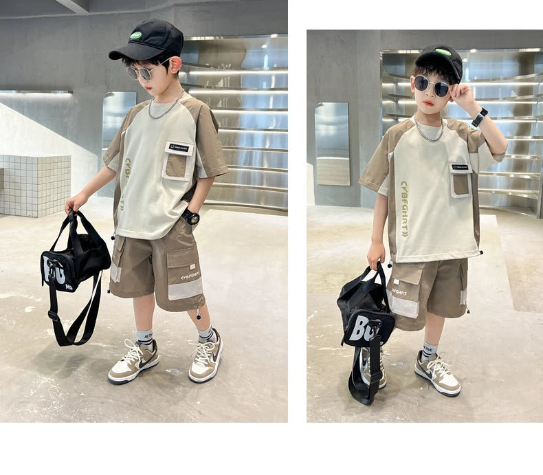 Kids Clothing Sets For Boys Fashion Short Sleeve T Shirts Shorts 2pcs Tracksuits Summer Children Teenager Sportswear Suits 5-14Y