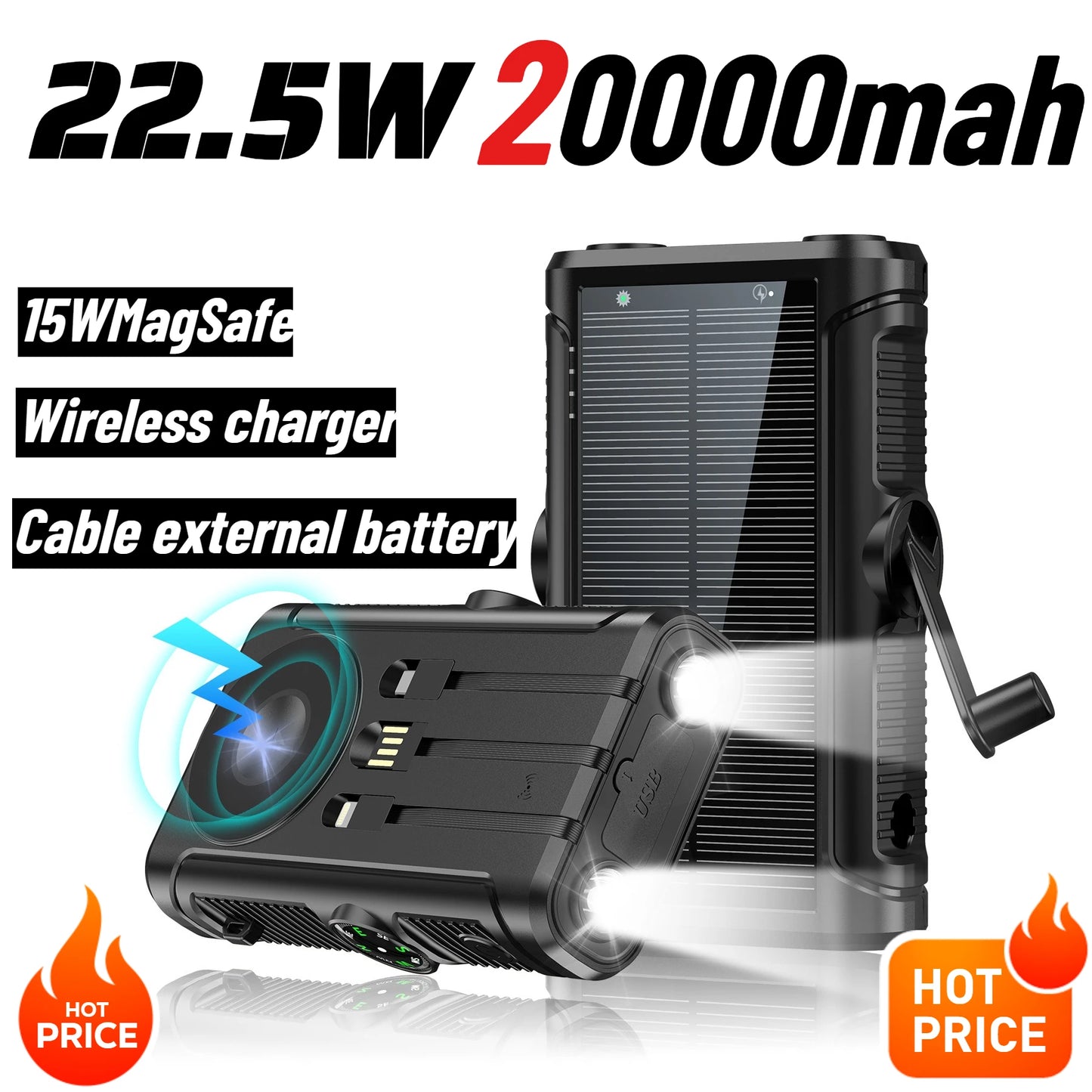 50000mAh Solar Power Bank 22.5W Magnetic Wireless Charging Camping Powerbank with Cables External Battery for IPhone Magsafe
