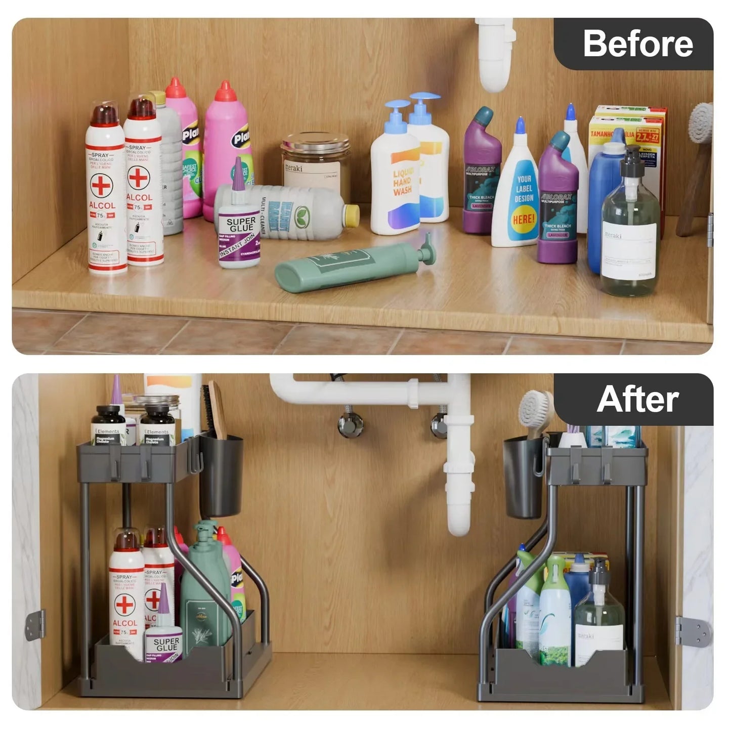 Space-Saving Organizer shelf 2-Tier Pull-Out Storage Organizer Durable Large Capacity Drawer for Kitchen and Bathroom Essentials