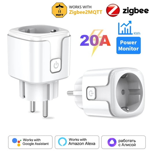 Zigbee3.0 Smart Socket European Plug 20A with Power Metering Alexa Voice Mobile APP Remote Control Home Assistant Zigbee2MQTT