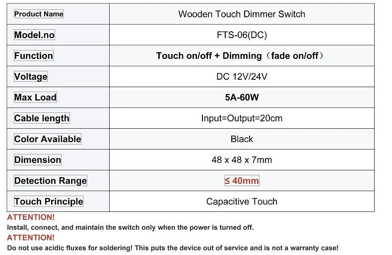 Hidden touch sensor DC12V/24V LED light touch dimmer switch for wooden furniture