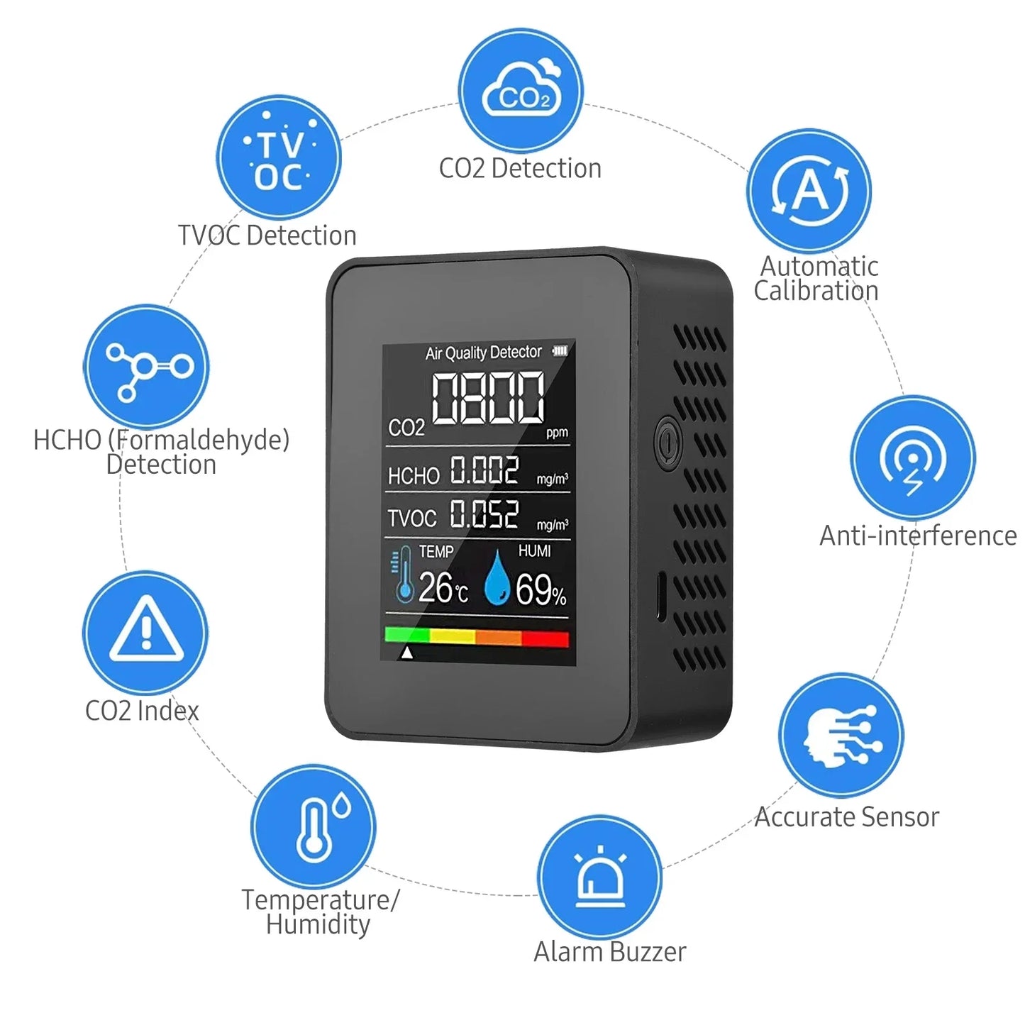 Air quality monitor multifunctional 5in1 CO2 meter digital home temperature humidity tester carbon dioxide HCHO TVOC detector