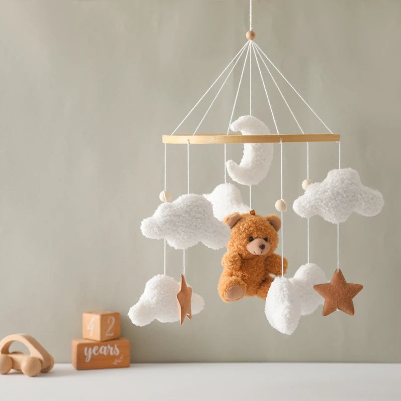 Baby Crib Mobile Rattle Toy 0-12Months Infant Soft Felt mobile Teddy Velvet Bear Bed Bell Hanging Toy Holder Bracket Crib Toy