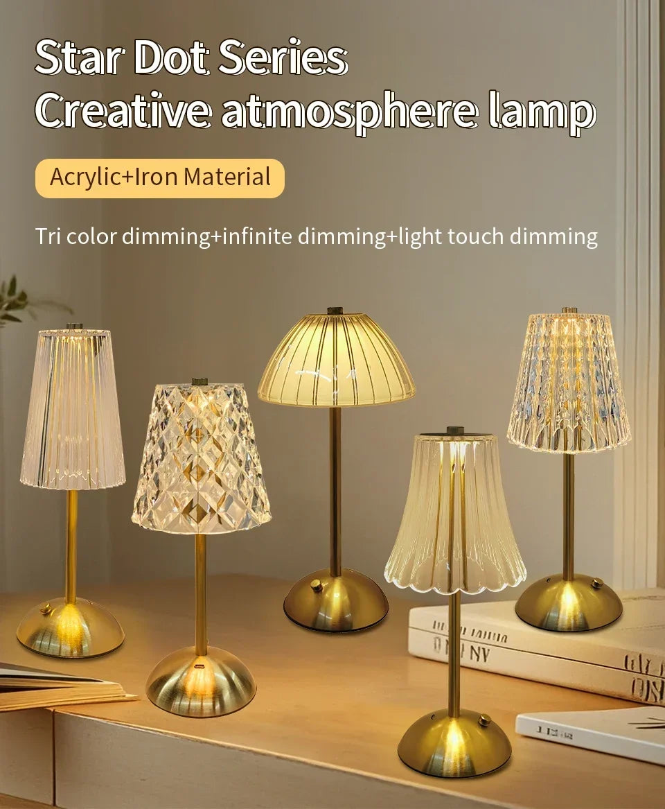 Crystal LED Table Lamp Touch Sensor Desktop Night Light Rechargeable Reading Lamp for Bedroom Bedside Hotel Bar Decor Dimmable