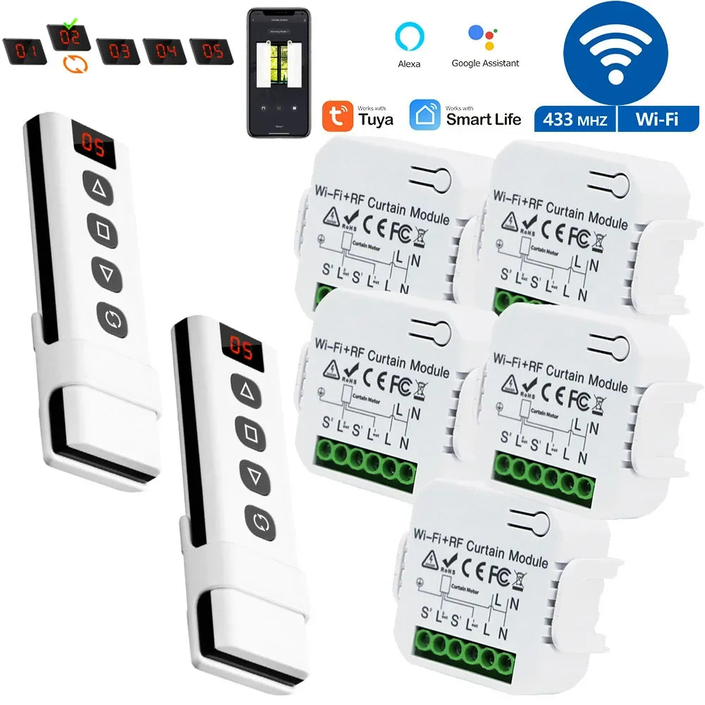 Smart WiFi RF Curtain Switch Module Wireless 433MHz 5 in 1 Remote Controller,110V 220V 240V for Roller Shutter Garage Tuya Alexa