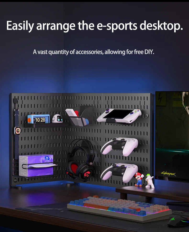 Desktop pegboard storage kit: Stand-up clip - on panels, perfect for home office and study storage.
