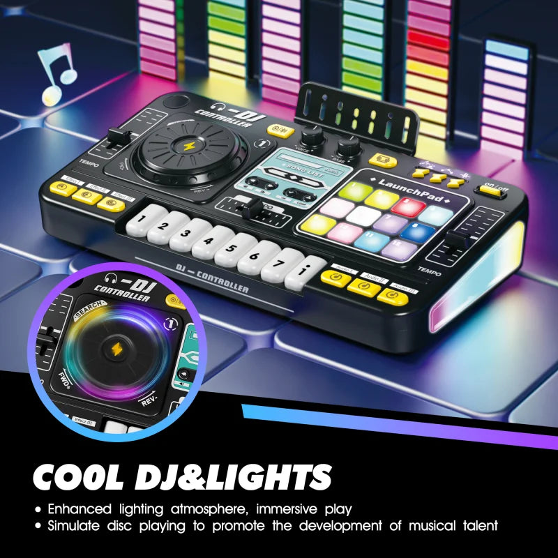 Kid Electricity DJ Mixer with Microphone Electronic Piano Keyboard DJ Turntable Controller Turntable Instrument Kid Birthday Gif